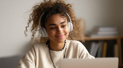 Smiling young african american teen girl wear headphones video calling on laptop. Happy mixed race pretty woman student looking at computer screen watching webinar or doing video chat by webcam., no 