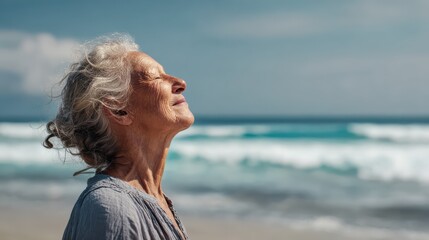 Elderly woman enjoying a peaceful moment on a sandy beach, standing with eyes closed and face lifted towards the sky, with gentle ocean waves in the background.