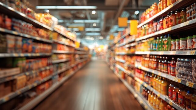 This photo shows a blurred grocery store aisle filled with a variety of food items.