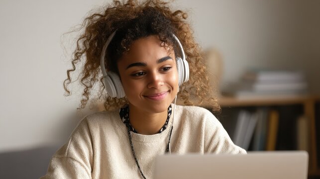 Smiling young african american teen girl wear headphones video calling on laptop. Happy mixed race pretty woman student looking at computer screen watching webinar or doing video chat by webcam., no 
