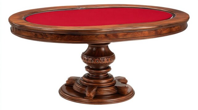 Elegant oval poker table with a rich wooden finish and red felt surface, featuring a sturdy pedestal base design for card games and gatherings.