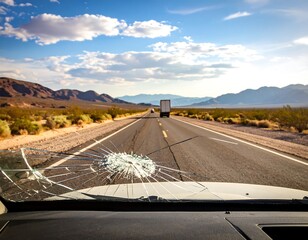 Broken windshield on a desert highway.  Vast landscape, cracked glass