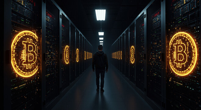 Bitcoin Mining Farm: Person Walking Through Server Room with Cry