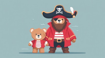 pirate captain slogan with bear doll in red pirate costume vector illustration, no logos, no brands