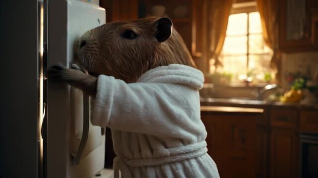 cute capybara grabs groceries from the fridge in his kitchen
