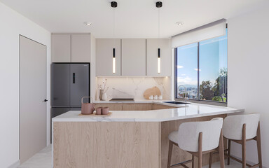 Cocina tipo americano de apartamento moderno, 3d render