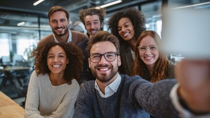 Smiling group of young businesspeople taking a selfie together while working at a table in a modern office, no logos, no brands