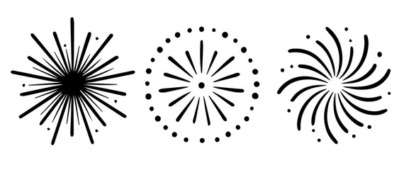 Set of 3 Detailed Black Vector Fireworks in Different Explosion Styles, Editable Formats: AI, EPS, JPG, PNG, Ideal for Both Digital and Print Use
