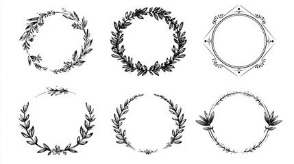 Fototapeta premium Wedding logo. Laurels frames branches with circle and geometric shape borders vector. Floral wreaths with leaves , flower, herb, ornate. Decorative elements wedding invitation, banner and packaging, 
