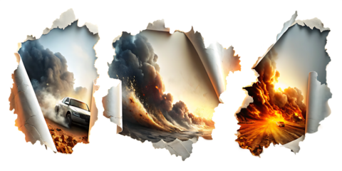 Torn paper revealing dramatic scenes isolated on a transparent background