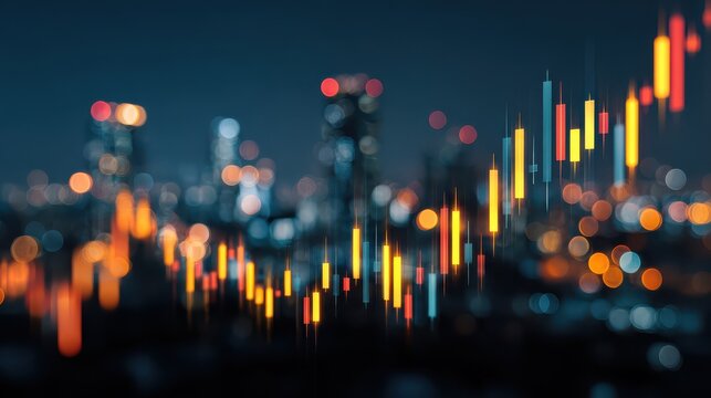 Abstract glowing big data forex candlestick chart on blurry city backdrop. Trade, technology, investment and analysis concept. Double exposure, no logos, no brands