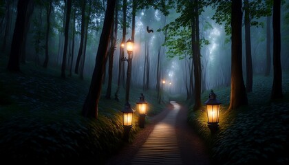 Fototapeta premium a shadowy pathway winds through a dark forest illuminated by the soft glow of enchanted lanterns inviting wanderers to explore its magical secrets generative ai