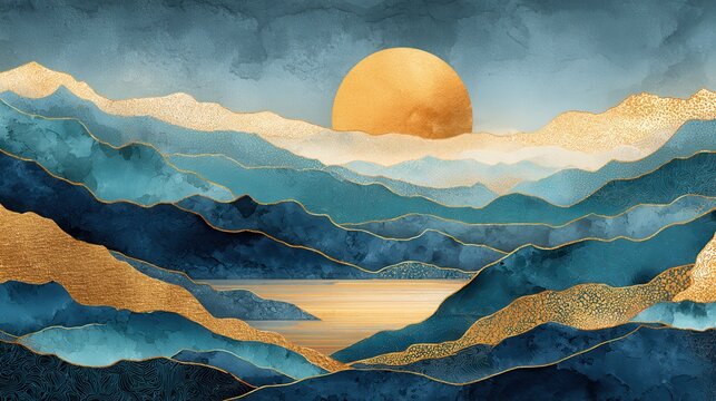 Abstract landscape mountain background. Luxury watercolor wallpaper design with sun, lake, gold wave line and golden foil texture. Elegant sunset view for cover, banner, decoration, poster., no logos