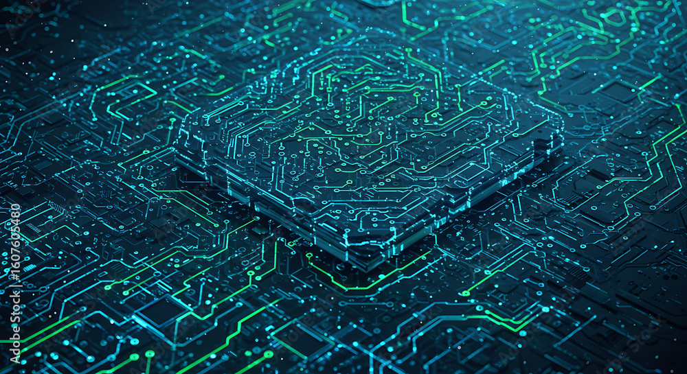 Poster technological marvel: a close-up view of a microchip's intricate circuitry, showcasing the heart of 