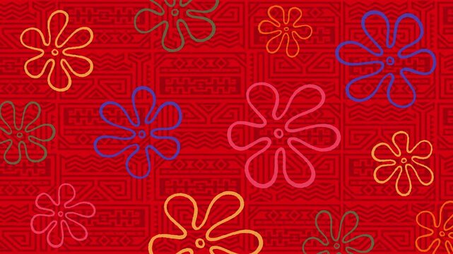 Red flat Tiki Pattern Background animation with colorful flowers spinning. Concept of Tiki, Hawaii, beach, maori, summer, ocean, cartoon, bar, exotic, tropical.