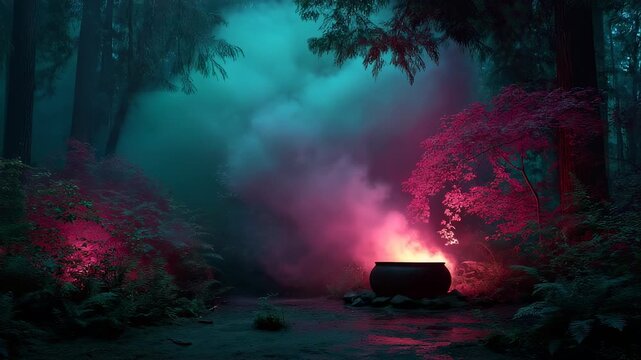 Mysterious cauldron in a foggy forest with glowing colors and shadows