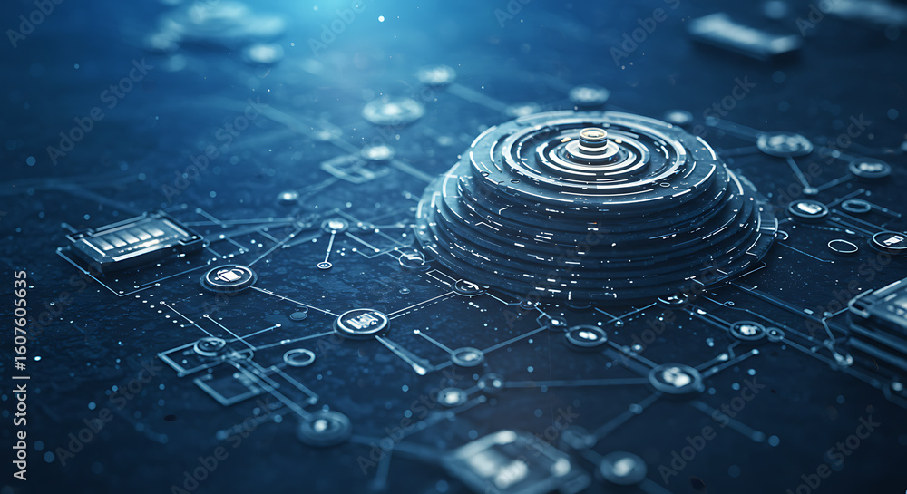 Aufkleber cybernetic nexus: a high-tech digital schematic with intricate circuitry designs, forming a central 