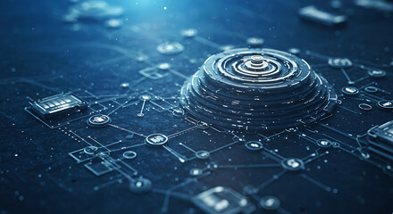 Cybernetic Nexus: A high-tech digital schematic with intricate circuitry designs, forming a central hub of interconnected elements and sparking innovation in the digital realm.