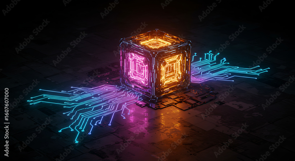 Aufkleber digital core: a futuristic image of a glowing data cube, representing the essence of modern digital 