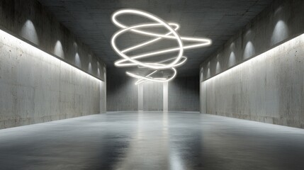 Grey concrete gallery interior with lights and abstract installation. Mock up, 3D Rendering, no logos, no brands