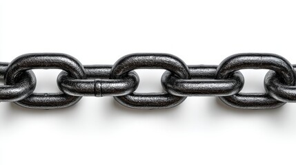 Black metal chain links connected in a row, isolated on a white background, showcasing strength