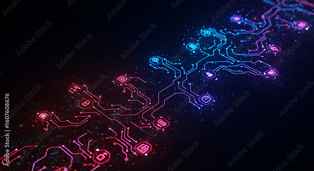 Poster digital circuitry: a vivid visual representation of a futuristic circuit board, glowing with neon li