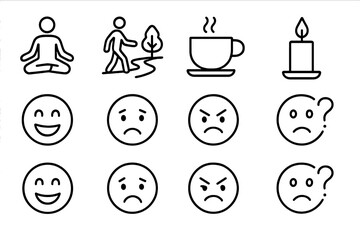 Outline collection minimal icons mindfulness stroke line set vector icon emotions symbol