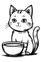 Ausmalbild Katze mit Schüssel Milch – Malvorlage zum Ausmalen