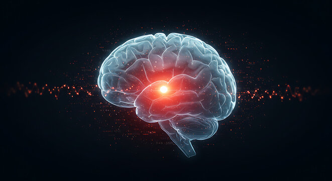 Brain in thought: The image features a translucent, detailed representation of a human brain. A concentrated area illuminates, suggesting active thought processes.