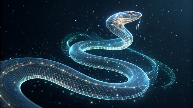 A glowing digital snake coils in a mesmerizing display of light and technology - Powered by Adobe