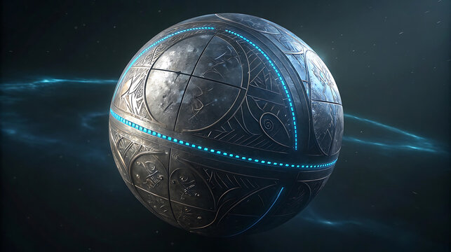 A futuristic metal sphere with glowing blue lines floats in deep space