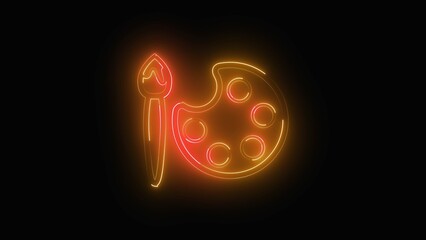 Glowing neon red and yellow Paint brush with palette icon isolated on black background.