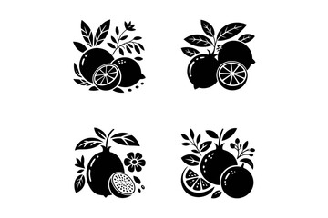 Four groupings of stylized black citrus fruits with leaves and flowers in a graphic arrangement