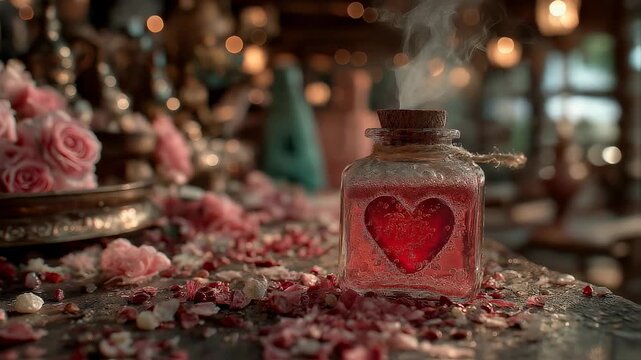 Colorful heart-shaped potion on wooden table with roses and decorative items