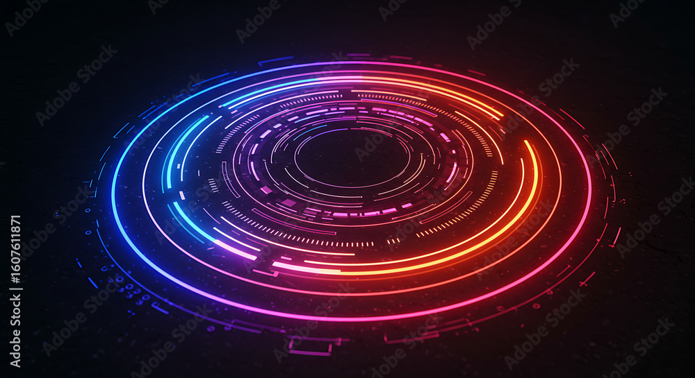 Aufkleber illuminated tech circle: a vibrant, glowing circular interface with intricate layers of neon light r
