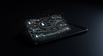 Digital Interaction on Smartphone: A high-tech smartphone with a digital interface displaying network connections, embodying the essence of modern digital communication.