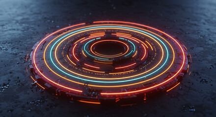 Fototapeta premium Futuristic tech ring design: A vibrant, neon-lit circular technological ring design. The image portrays the essence of the digital age.