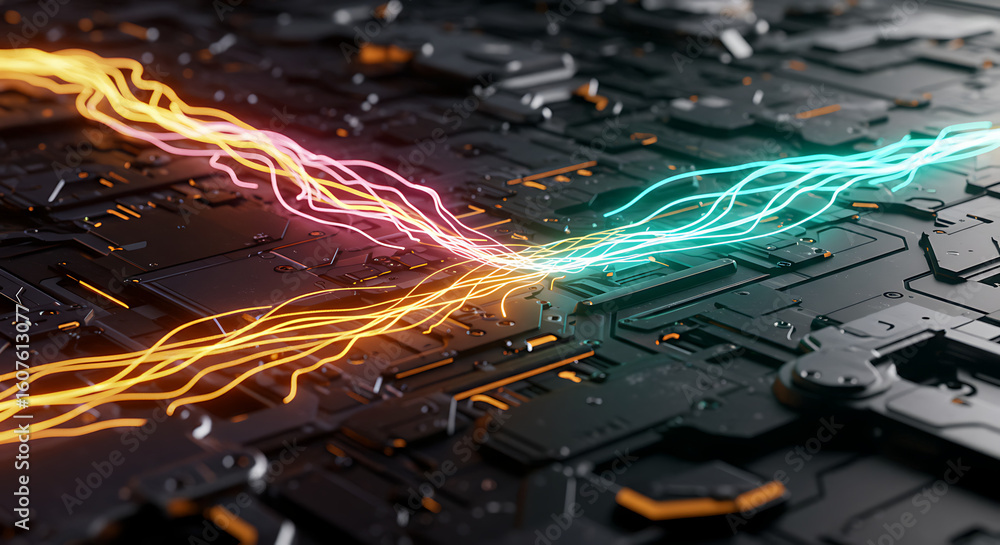 Poster digital synapses: an illuminated close-up of a computer motherboard shows energetic glowing electric