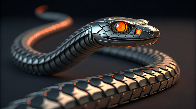 A metallic snake with glowing orange eyes is coiled and ready to strike