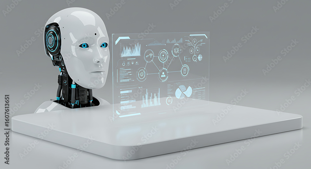 Poster cybernetic analyst: a sleek, futuristic robot head, equipped with advanced ai and technology, stands