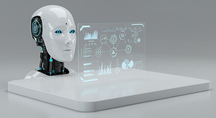 Cybernetic Analyst: A sleek, futuristic robot head, equipped with advanced AI and technology, stands before an interactive holographic display of intricate data visualizations.