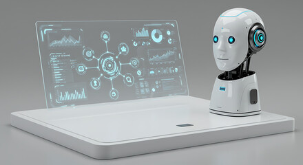 Technological Interface: A futuristic robot head stands beside a holographic display, representing the convergence of artificial intelligence and advanced computing.