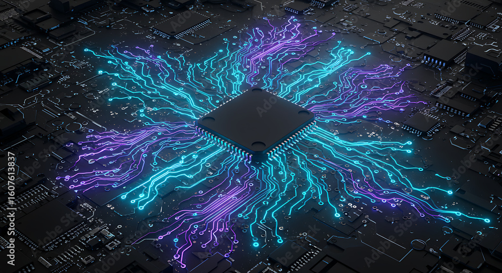 Poster digital core nexus: a high-tech depiction of a central processing unit (cpu) integrated circuit, whe
