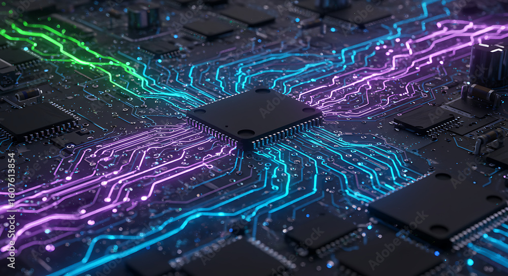 Poster cyber circuitry: a detailed view of an intricate circuit board, showcasing glowing electronic pathwa