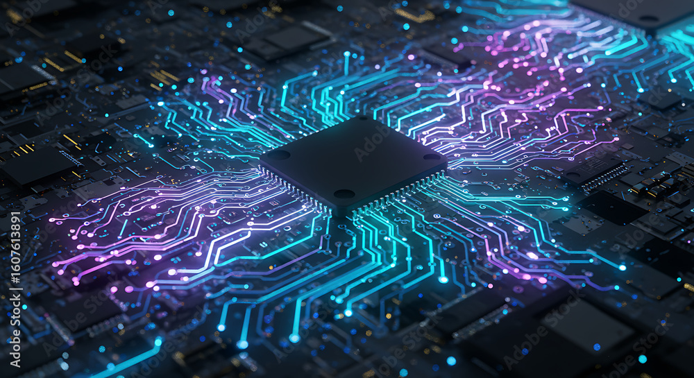 Aufkleber digital neuron: a luminous digital circuit board showcases intricate pathways of data flow, with a v