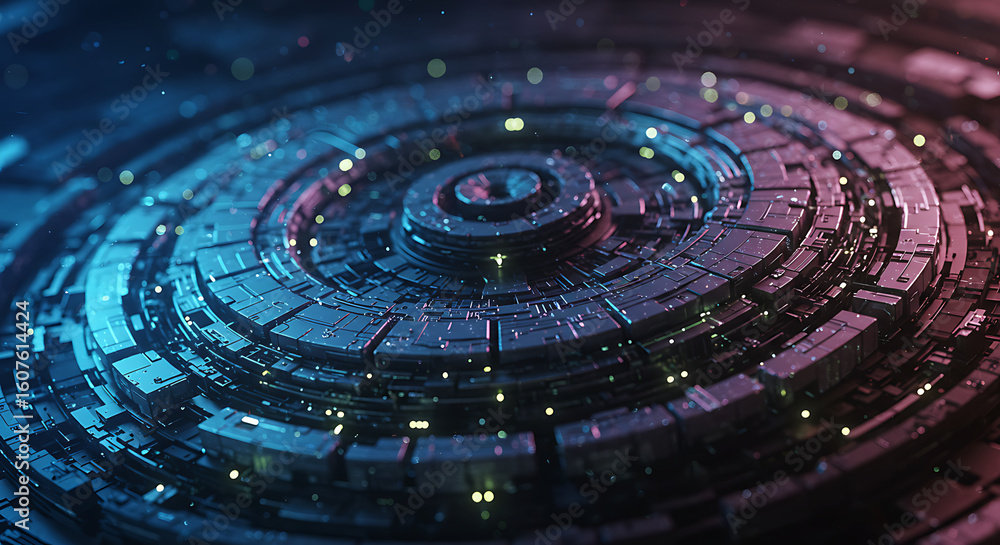 Poster futuristic tech: an abstract technological composition showcases a complex, intricate design with gl