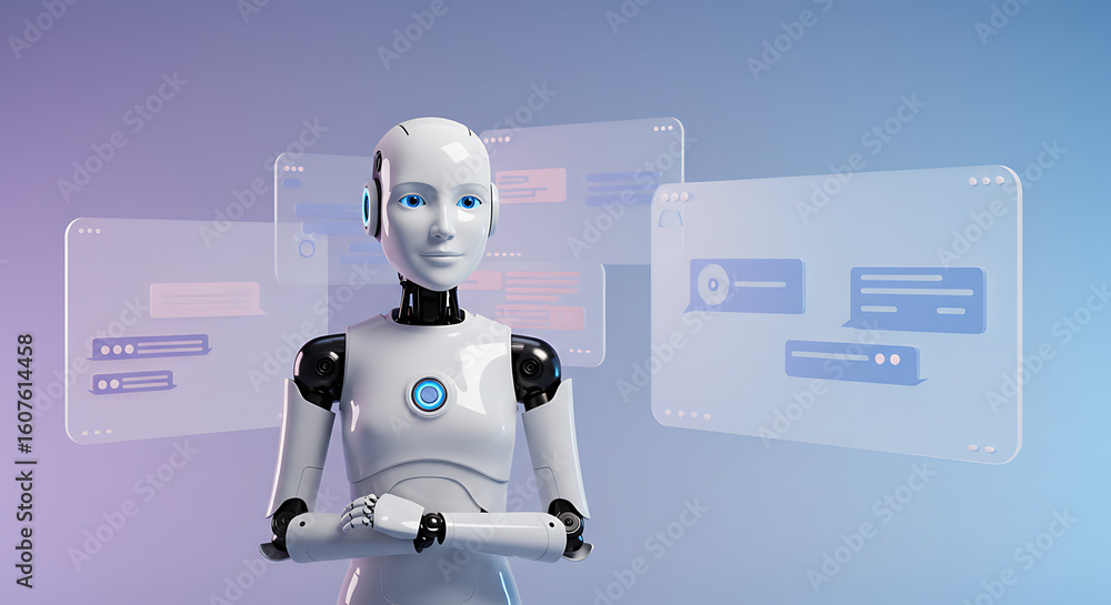 Aufkleber futuristic ai interface: a sleek, humanoid robot stands before transparent screens displaying digita