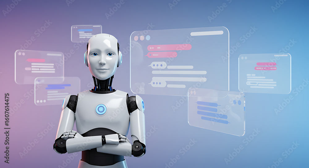 Poster artificial intelligence avatar: a futuristic ai avatar stands confidently amidst an array of hologra