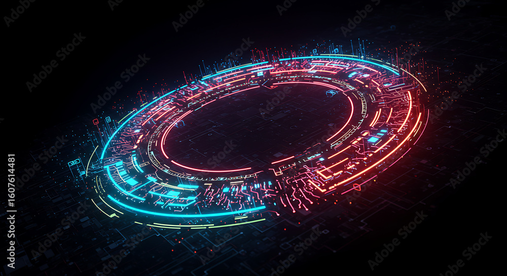 Poster digital ring in the void: an eye-catching digital ring composed of circuits, leds, and intricate det