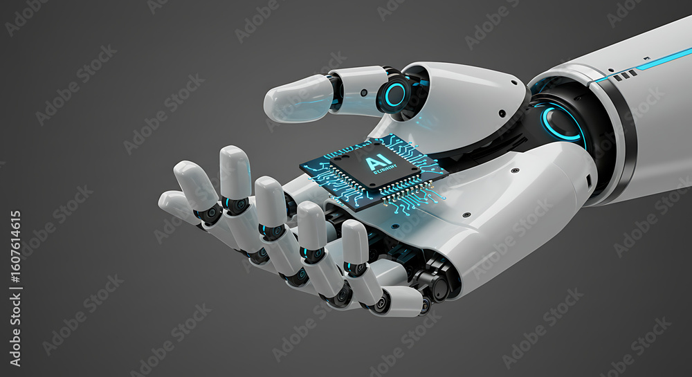 Aufkleber digital ai chip in robotic hand: a meticulously rendered robotic hand cradles a luminous digital ai 